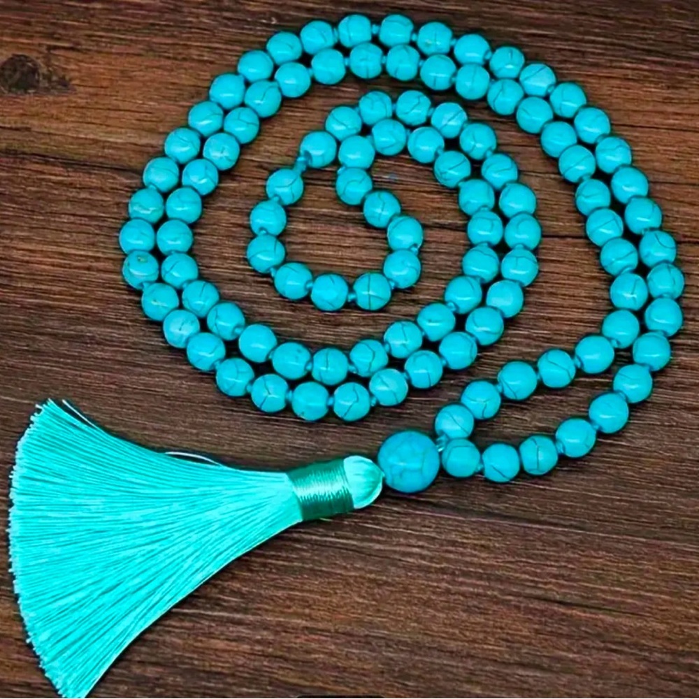 1pc Boho Chic 108 Bead Turquoise Mala Necklace, 6mm Synthetic Faux Gemstone,